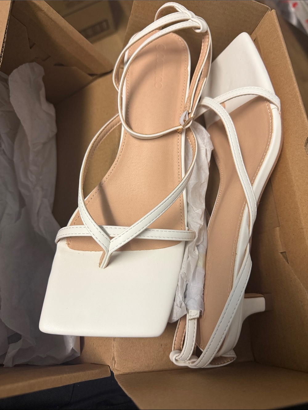 White Strappy Square-Toe Low Heel Sandals